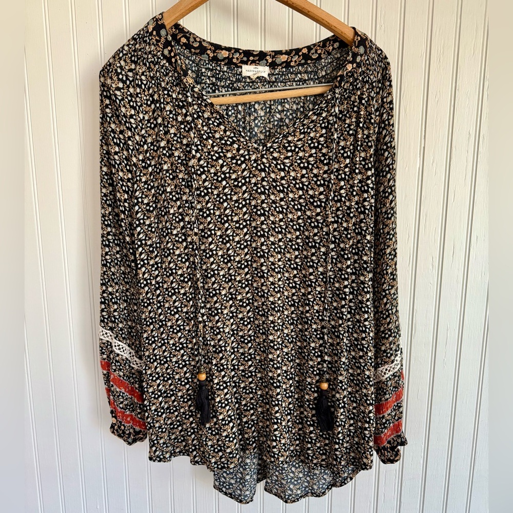 Mason & Belle Boho Floral Peasant Top with Tassel Ties Size Large